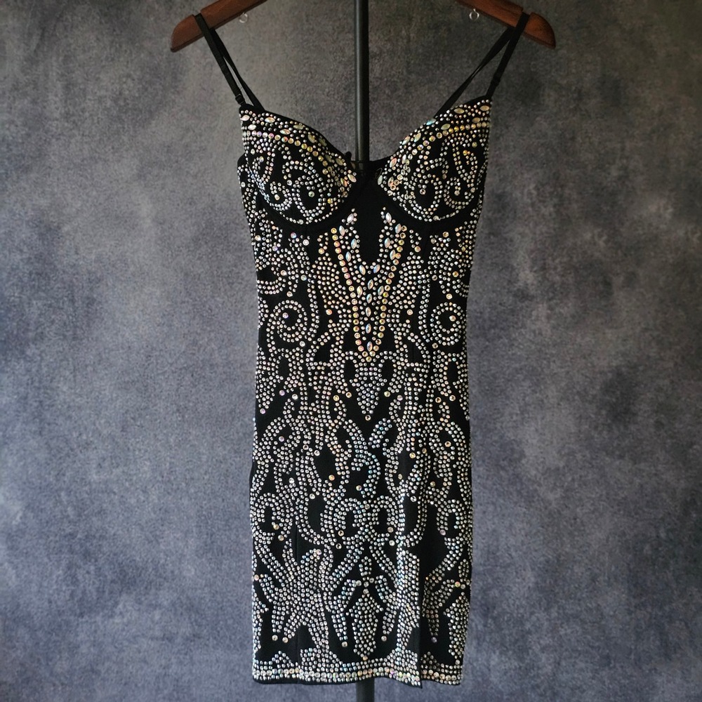 Teresa Rhinestone Sweetheart Party Dress Bodycon Mini Dress Black XS Prom Party